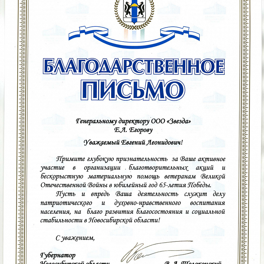 Благодарственное письмо "Толоконский"